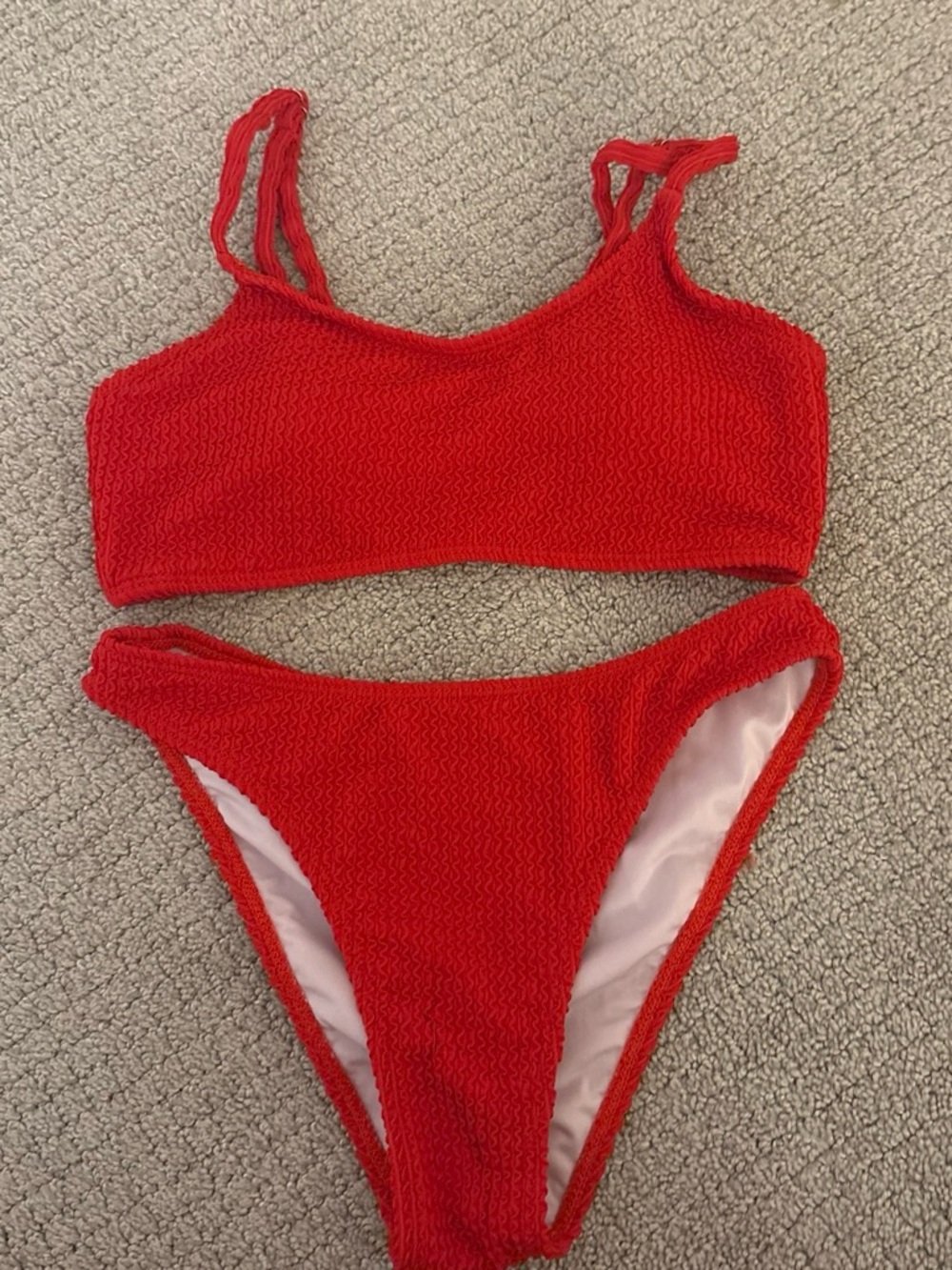 Amazon Essentials Red Textured Scoop Bikini Set